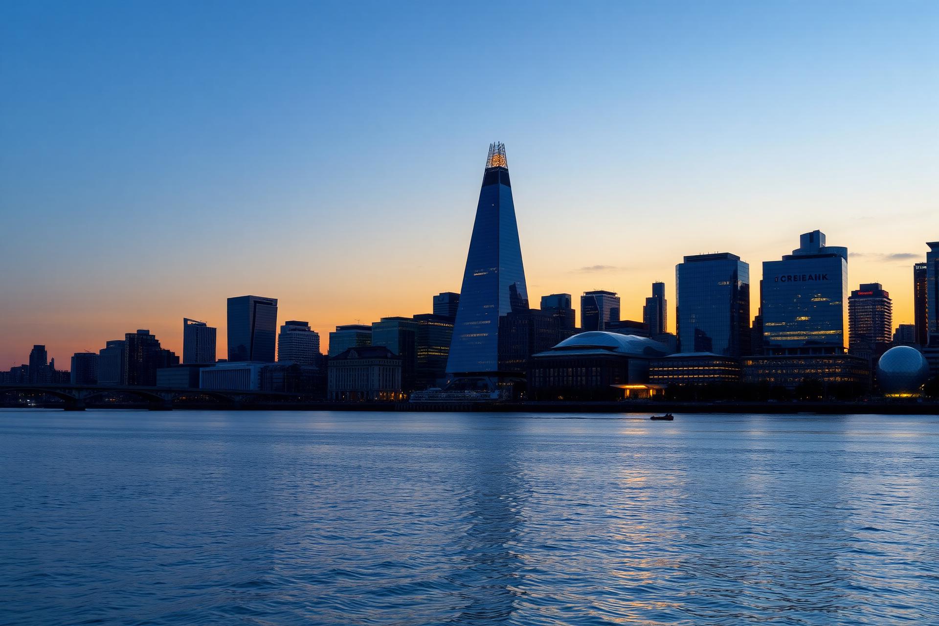 London Canary Wharf skyline at dusk